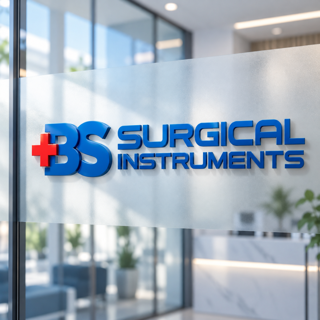 BS Surgical Instruments logo on frosted glass — concept mockup