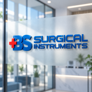 BS Surgical Instruments logo on frosted glass — concept mockup