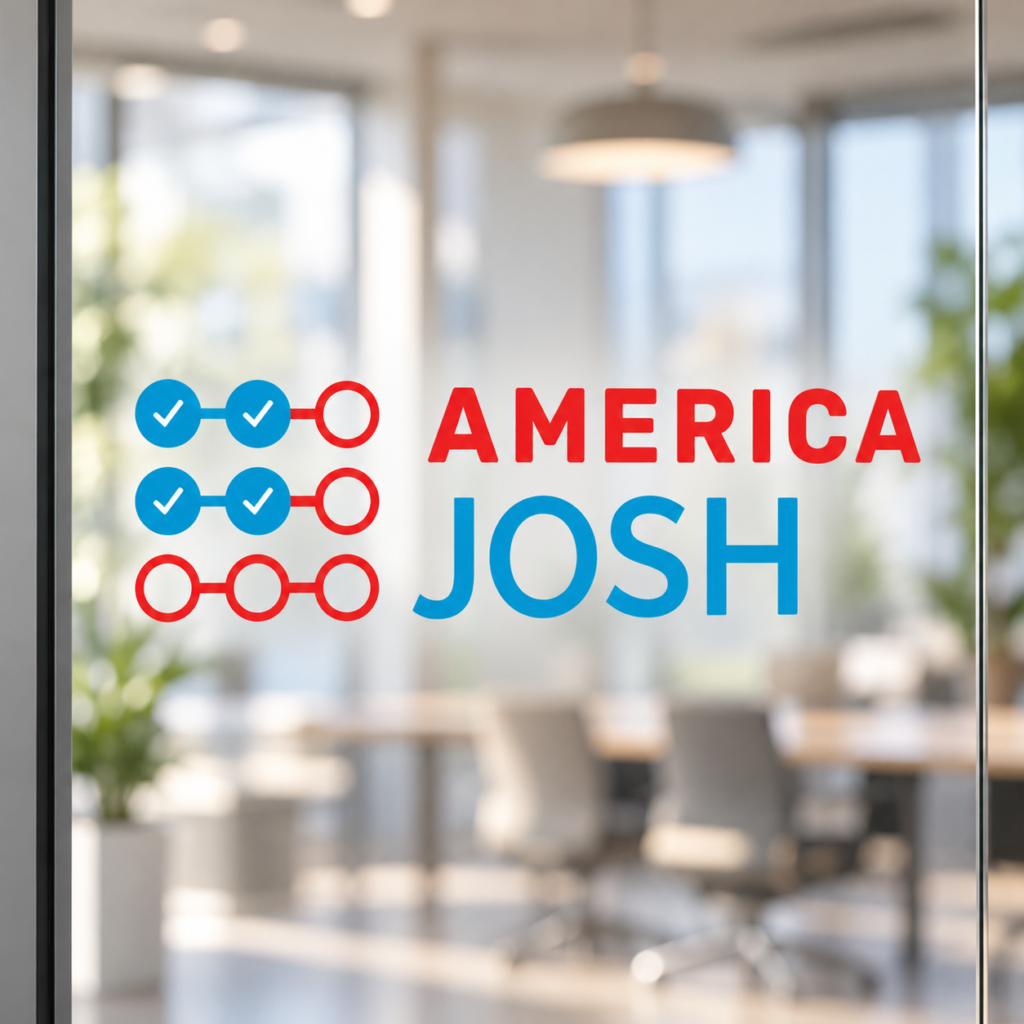 America Josh red-and-blue logo on glass — concept mockup